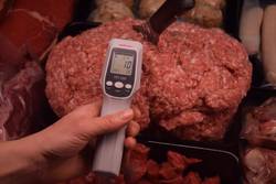 Hackfleisch und Thermometer / Lebensmittelkontrolle
