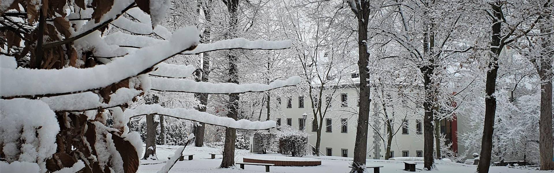 Schneebedecktes Schloss und Schlosspark in Neustadt an der Orla