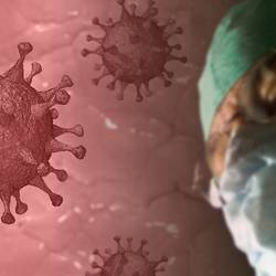 Illustration Thema Corona © Pixabay Corona-Virus, symbolisch dargestellt und Mann mit medizinischer Maske