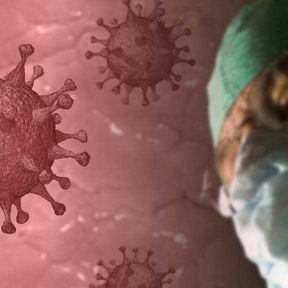 Illustration Thema Corona © Pixabay Corona-Virus, symbolisch dargestellt und Mann mit medizinischer Maske