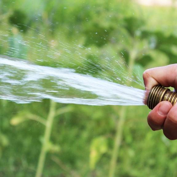 Wasser spritzt aus einem Gartenschlauch (Symbolfoto).